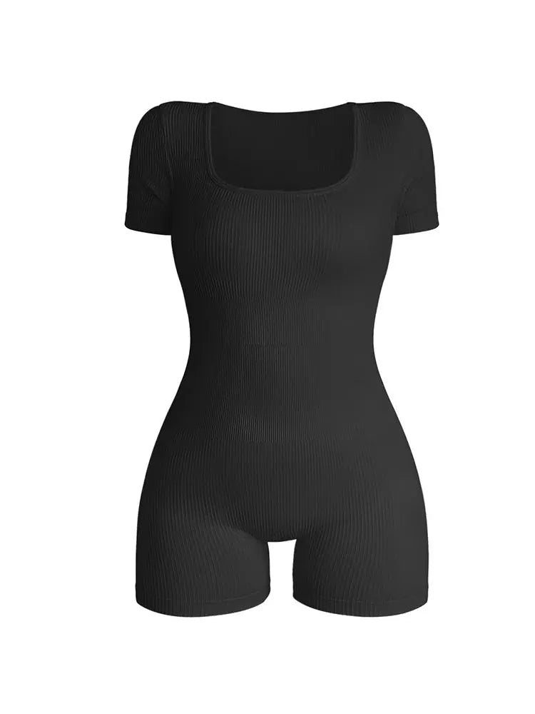 Women's black ribbed short-sleeve high-waist bodycon jumpsuit