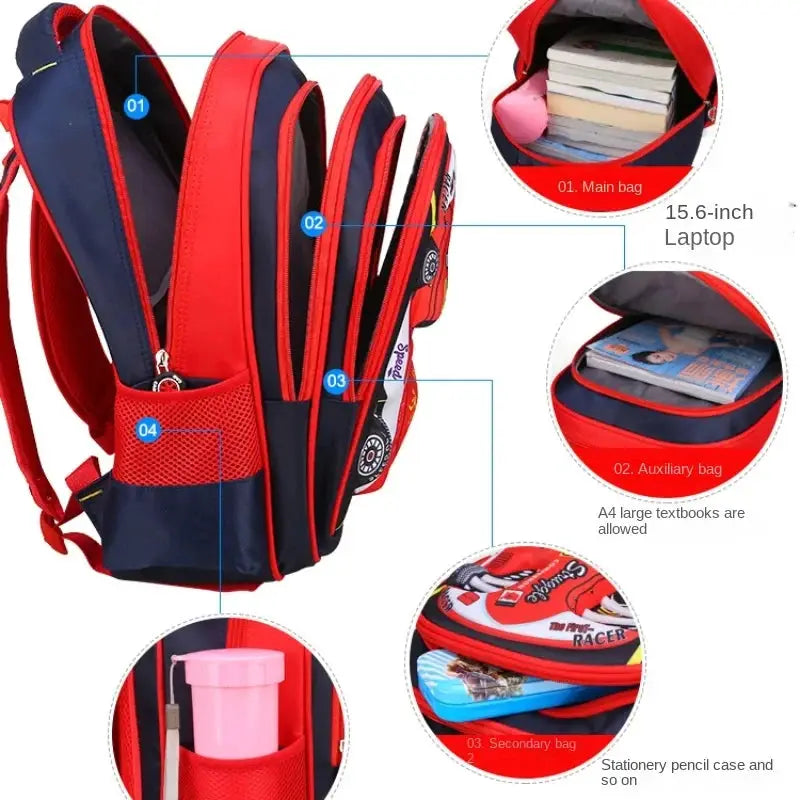 Waterproof lightweight 3D car backpack for kids, red and blue with multiple compartments by Simples Market