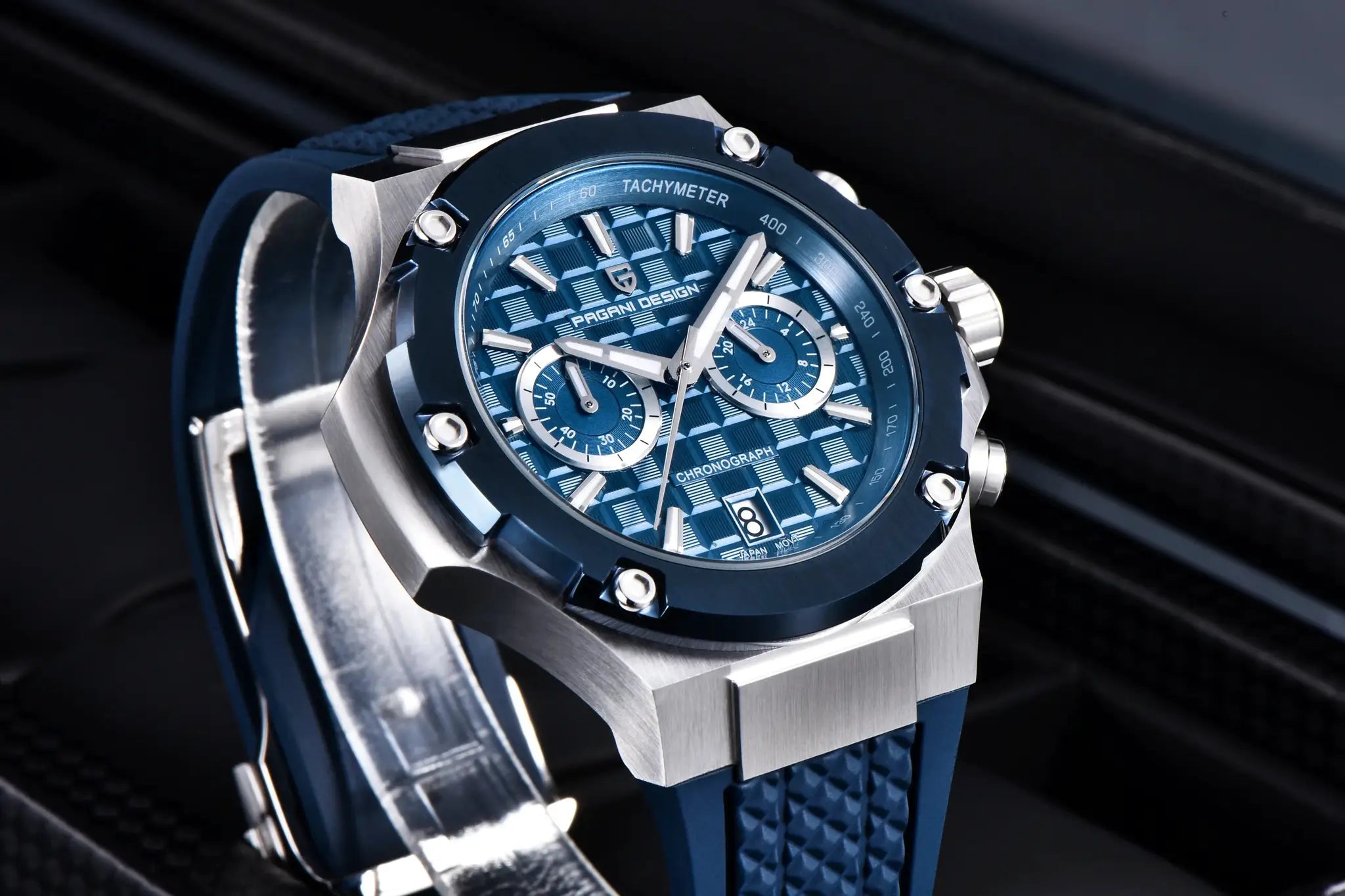 PAGANI DESIGN men's blue chronograph watch with fluororubber strap and stainless steel case