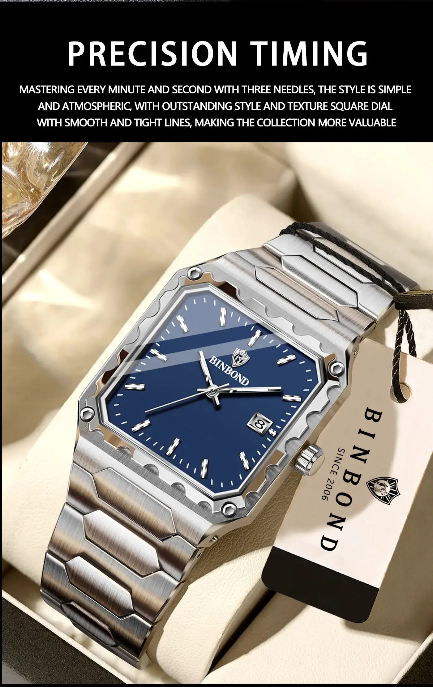 BINBOND men's stainless steel wristwatch with blue dial, date display and luminous hands.