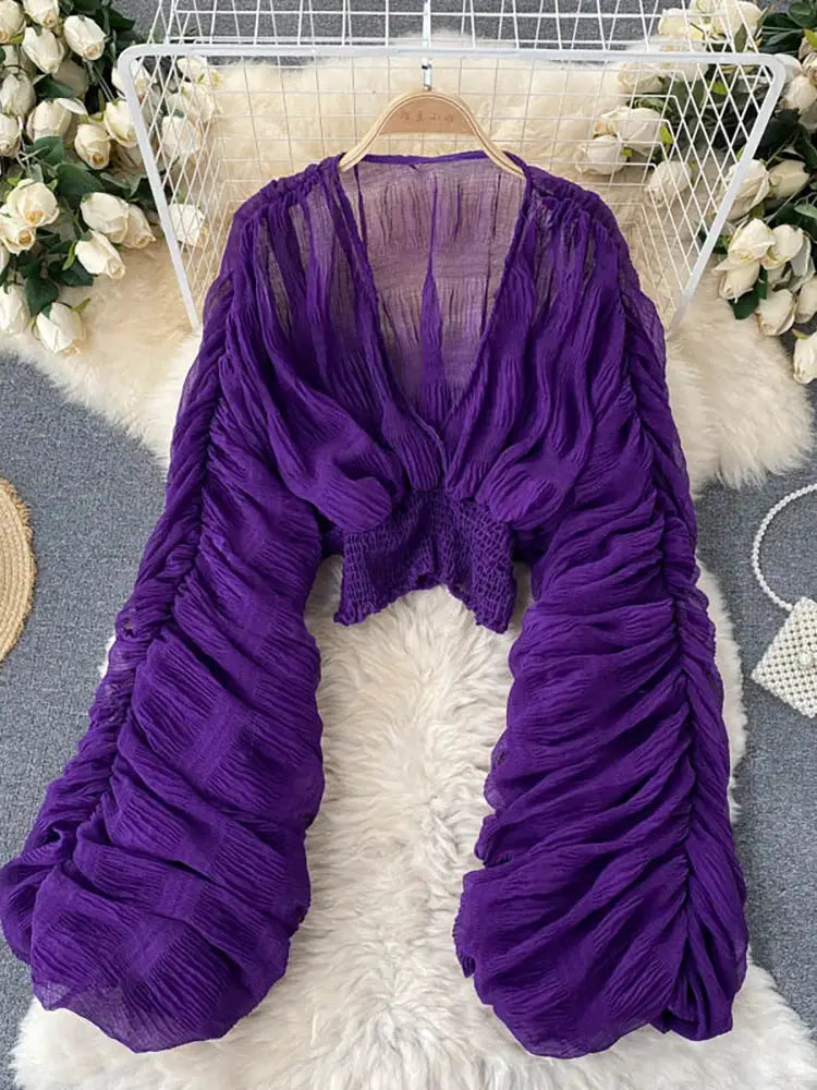 Simples Market purple draped chiffon blouse with V-neck and puff long sleeves