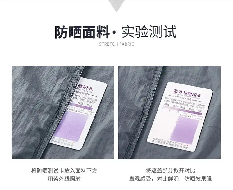 Simples Market 2025 men's ultralight sun protection jacket in gray UV-proof fabric; two UV test cards shown