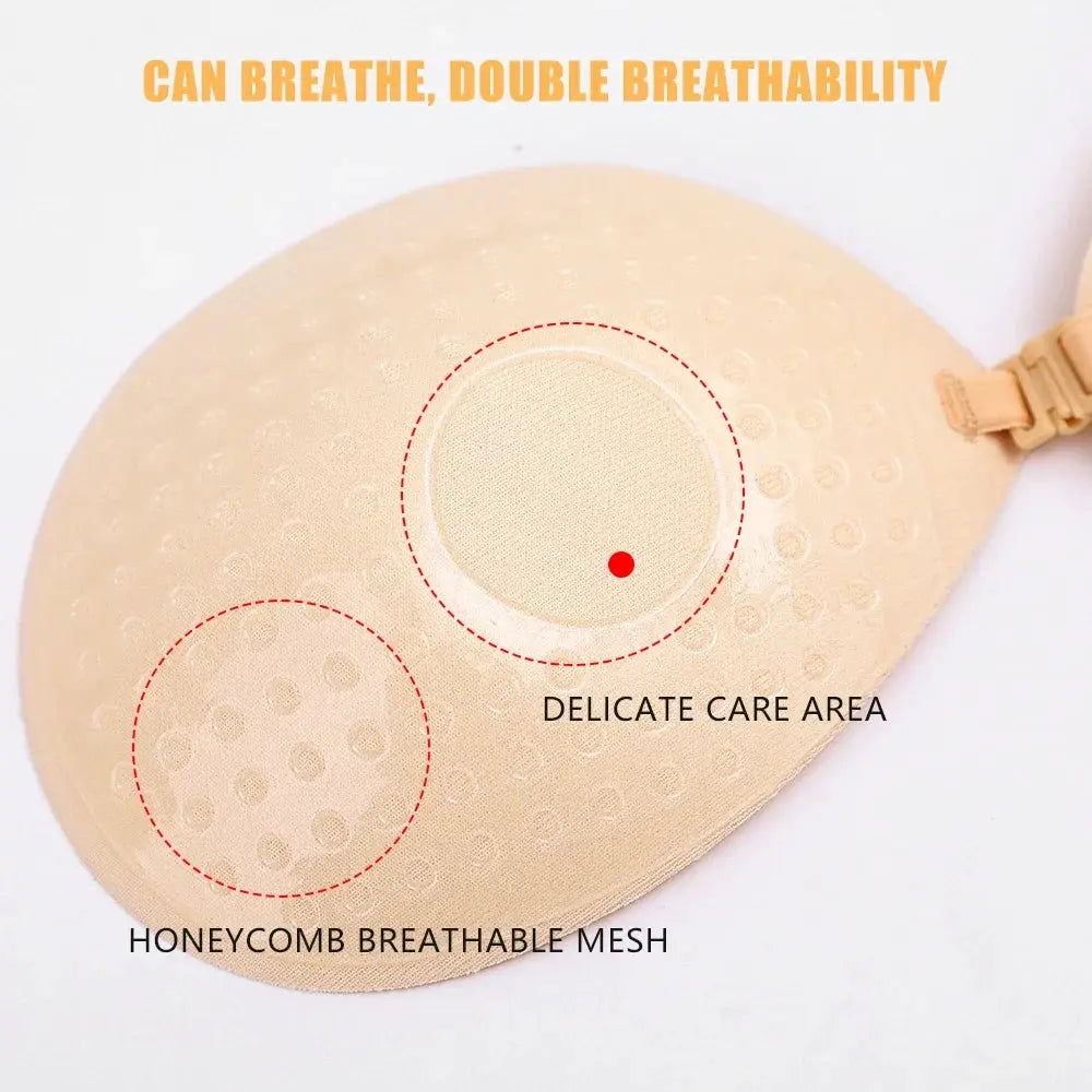 Invisible strapless adhesive bra in nude silicone with honeycomb breathable mesh.