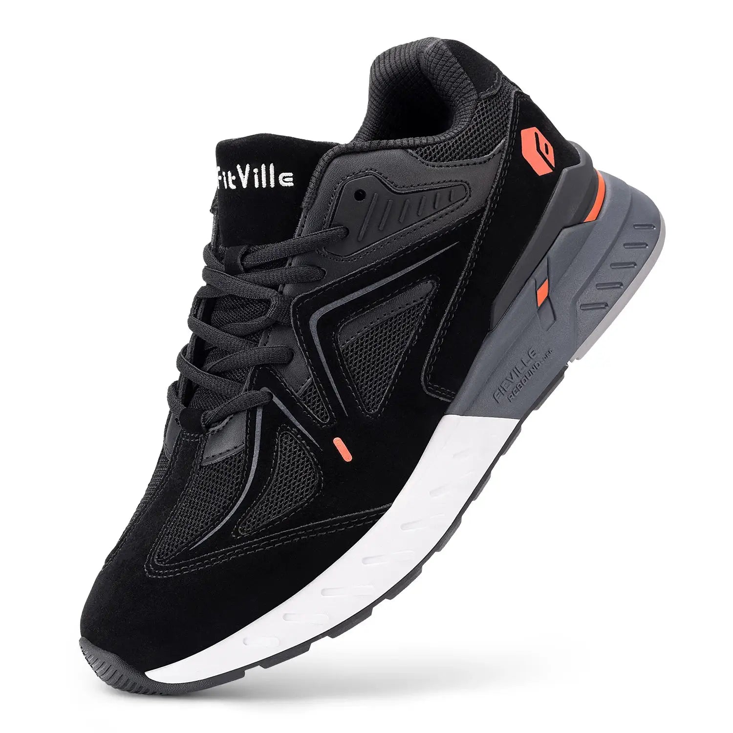 Fittington men's black walking shoes with mesh upper, white midsole and orange accents