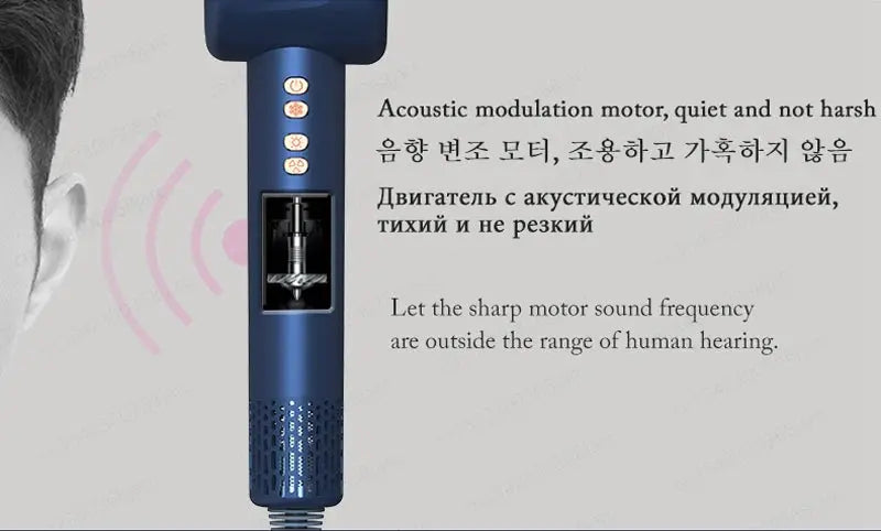 Hair dryer in blue with control panel on the handle, 220V