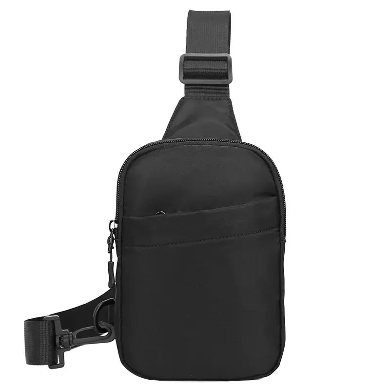 Black nylon 2-in-1 waist bag and chest sling bag with adjustable strap