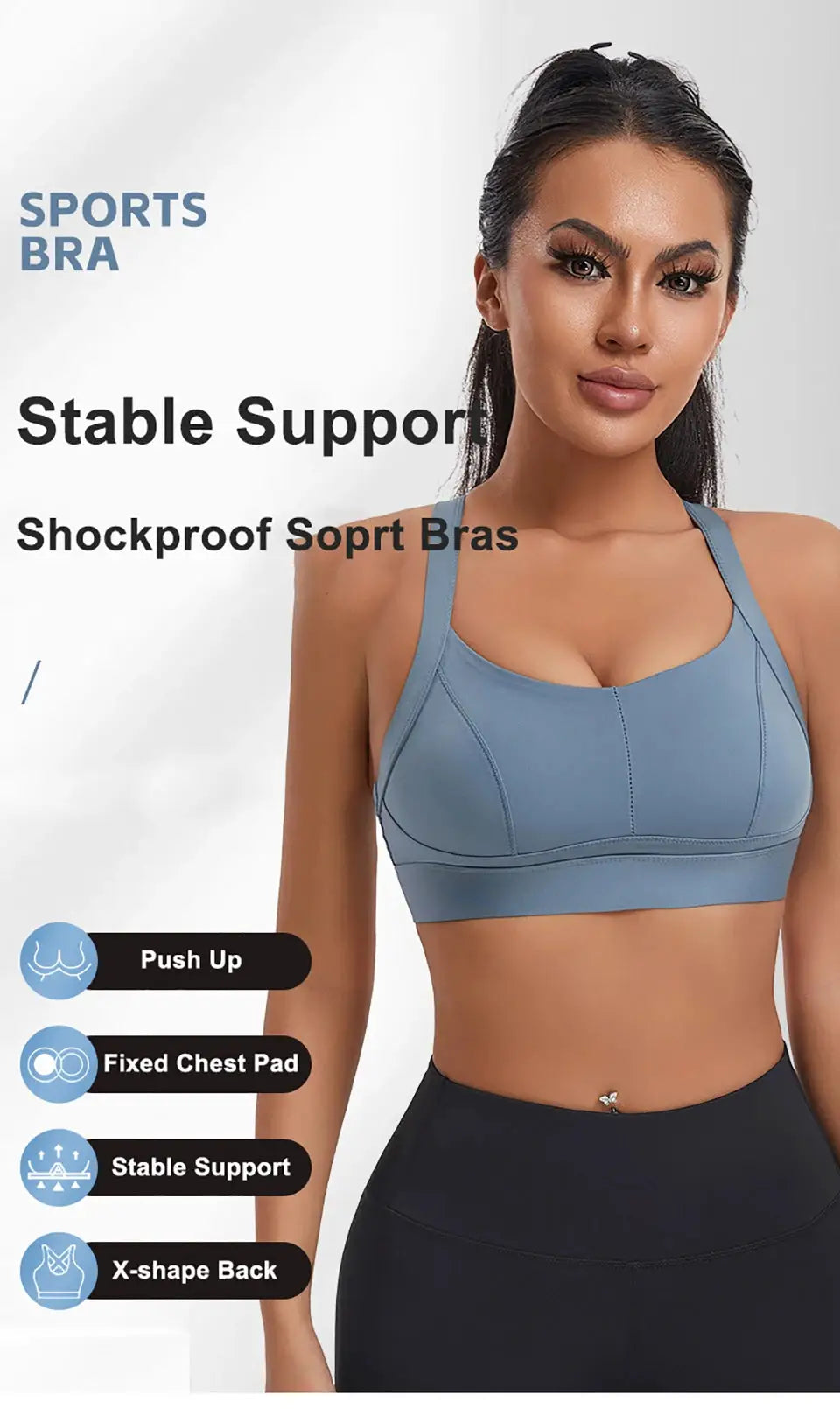 Women's sports bra by Simples Market, blue criss-cross back, padded for high-impact workouts