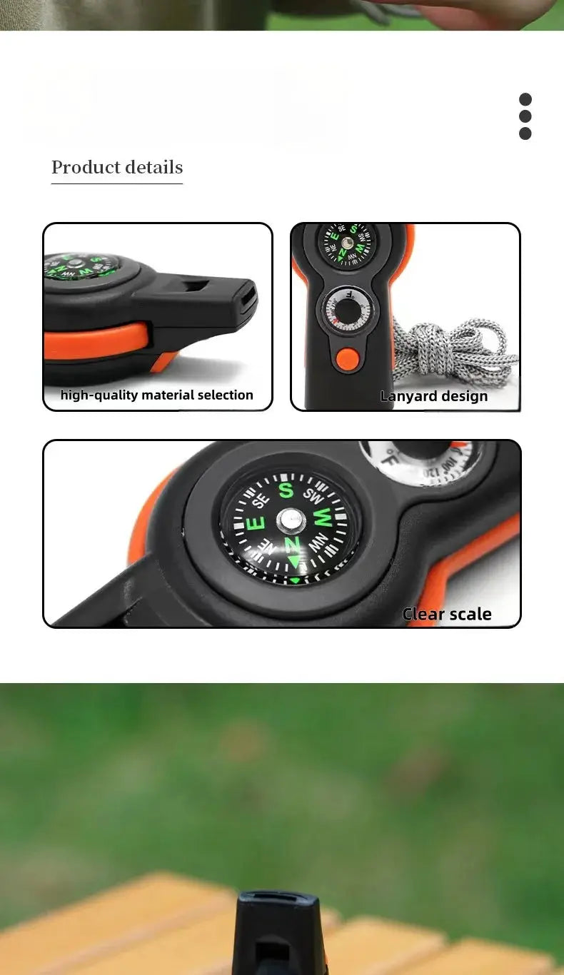 Survival whistle 7-in-1 by Simples Market with compass, black/orange body and lanyard