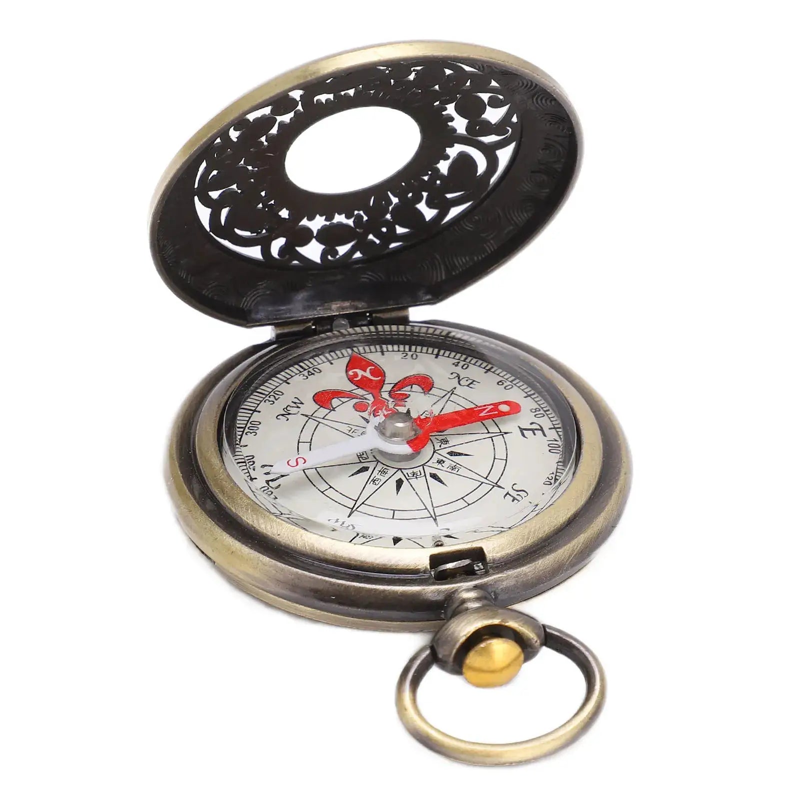 Brass gold-tone pocket compass with ornate filigree lid for outdoor hiking navigation