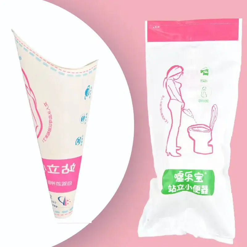 Simples Market disposable paper urination device for women, pink funnel and its packaging, 2 pieces.