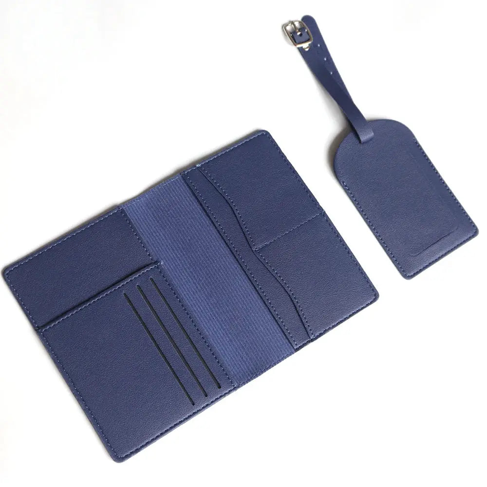 2-piece blue leather passport holder set with matching luggage tag and card slots
