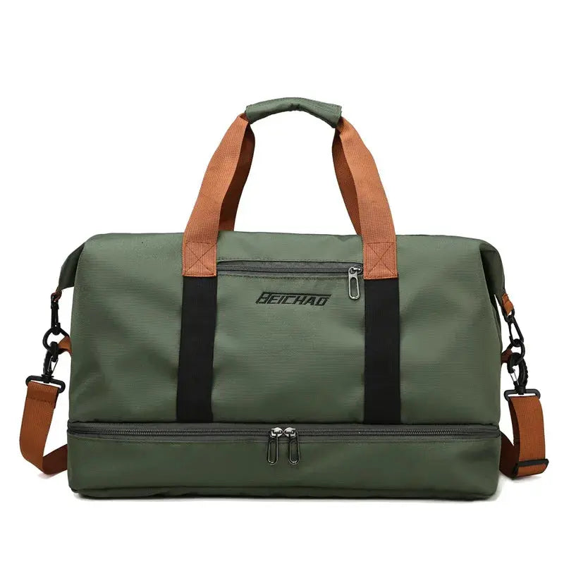 Travel gym bag Beichao olive green with tan handles and detachable shoulder strap