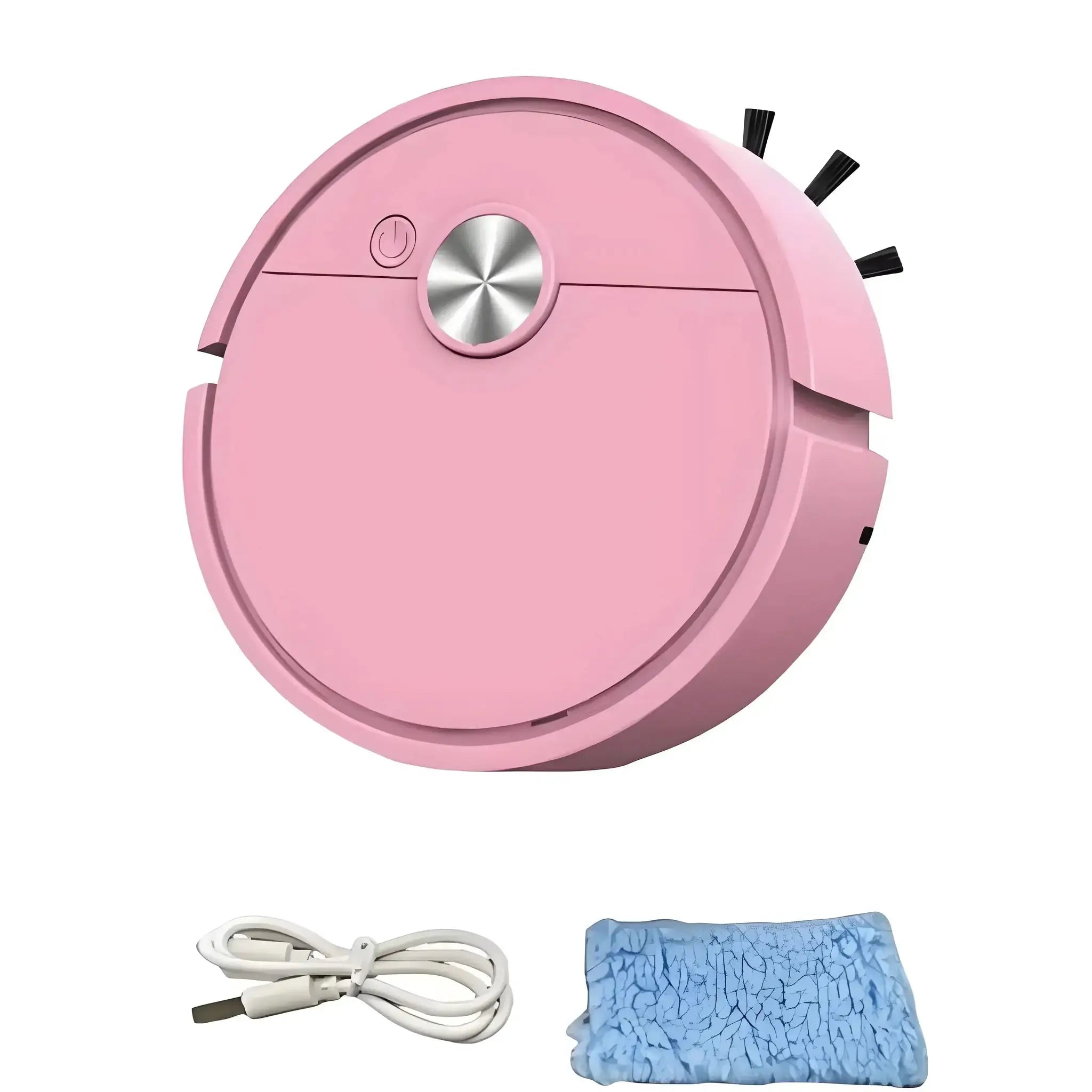 Simples Market pink smart vacuum cleaning robot with integrated mopping and sweeping, plus white power cable and blue patterned bag