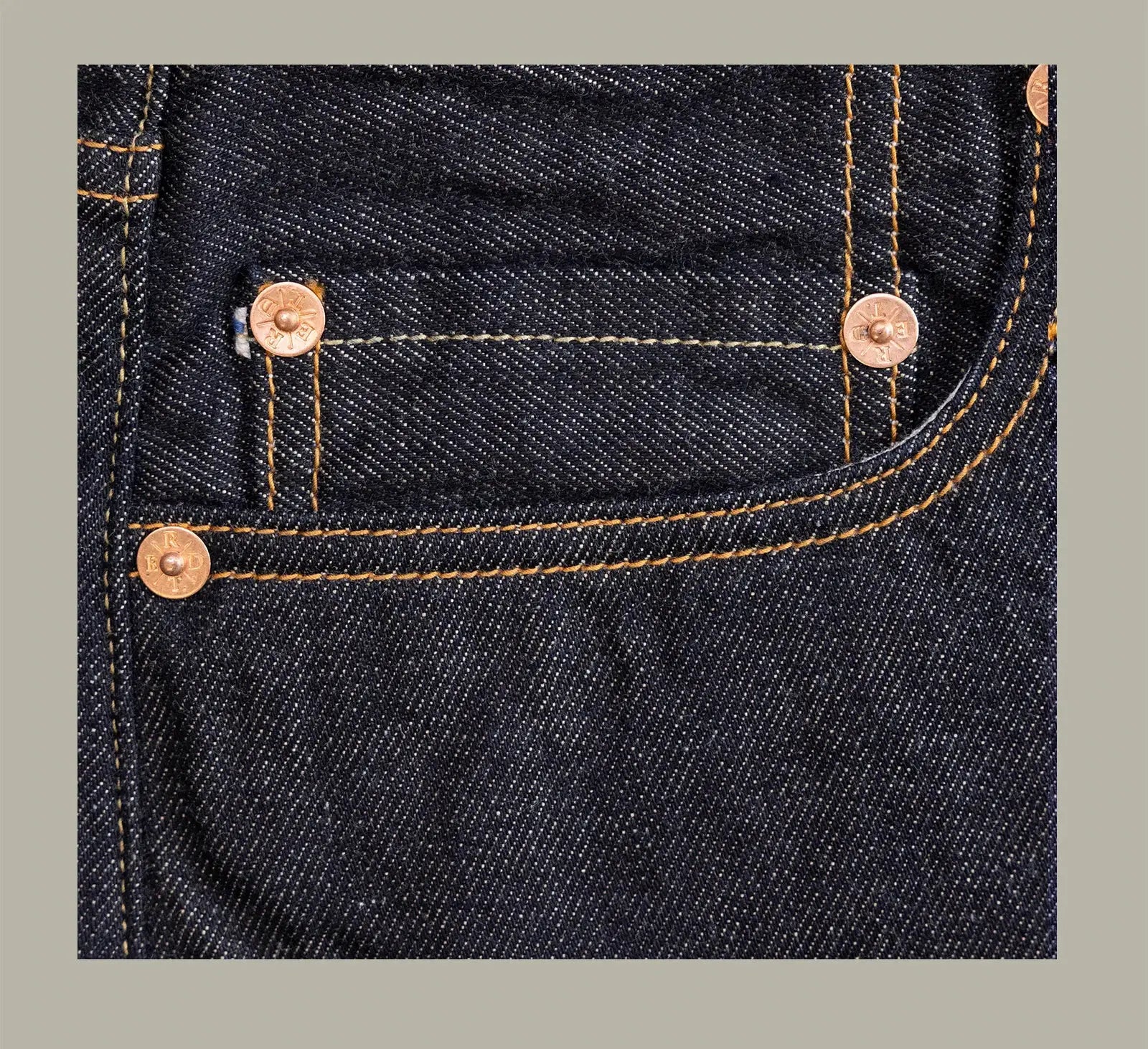 Red Tornado American jeans by Simples Market; men's 12oz denim, loose straight selvedge with copper rivets