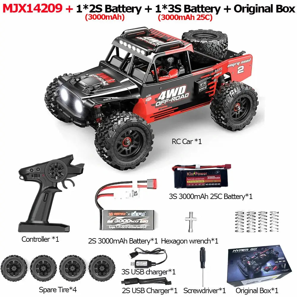 MJX 14209 RC Car 1/14 scale, black/red 4WD off-road with remote, batteries, charger, spare tires, original box