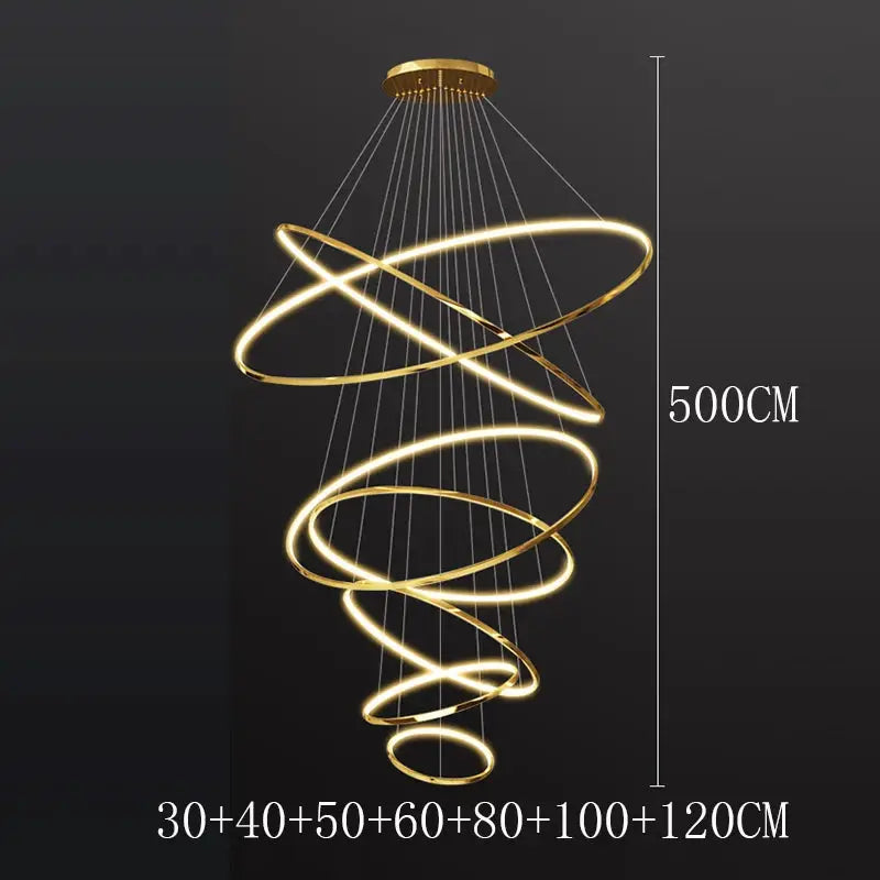Gold spiral LED pendant light chandelier with looping rings for staircase or living room, modern decor