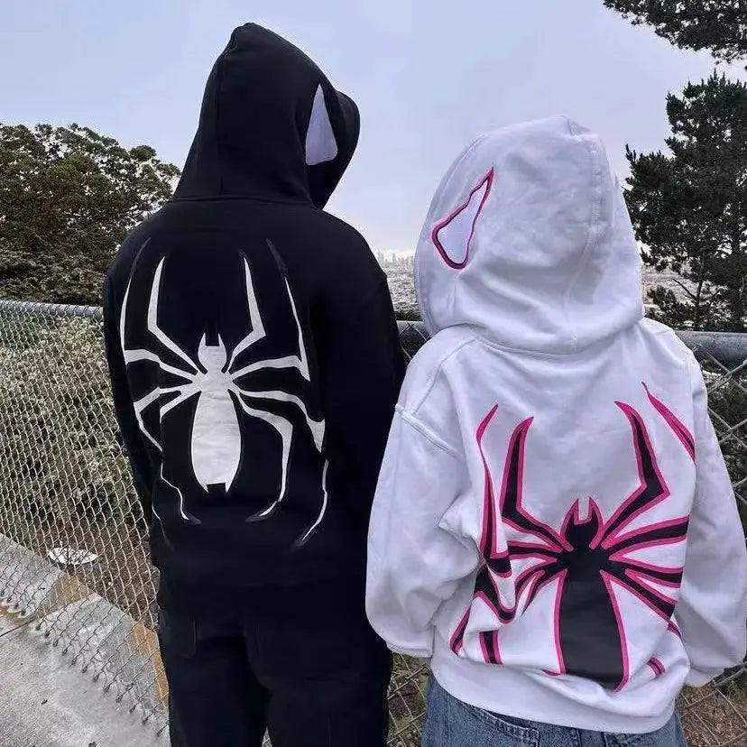 Urban Nocturne Full Zip Spider Hoodie Unisex Oversized Harajuku Streetwear With Graphic Y2K Style