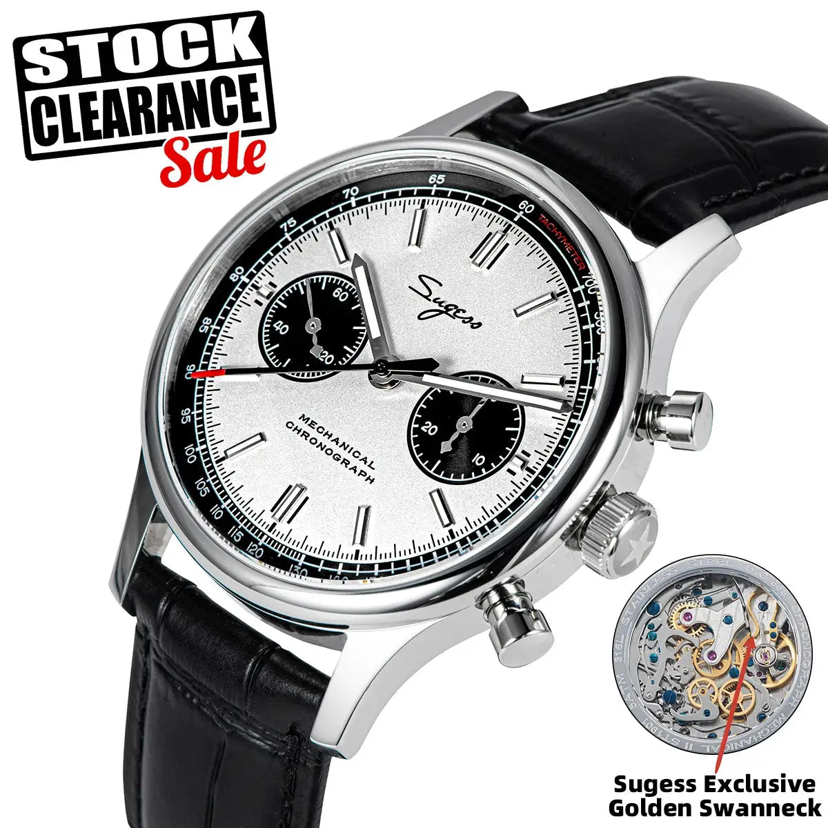 Sugess 1963 Pilot Watch for men, mechanical chronograph Panda dial with stainless steel case and black leather strap