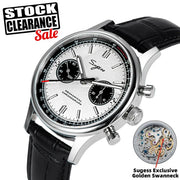 Sugess 1963 Pilot Watch for men, mechanical chronograph Panda dial with stainless steel case and black leather strap