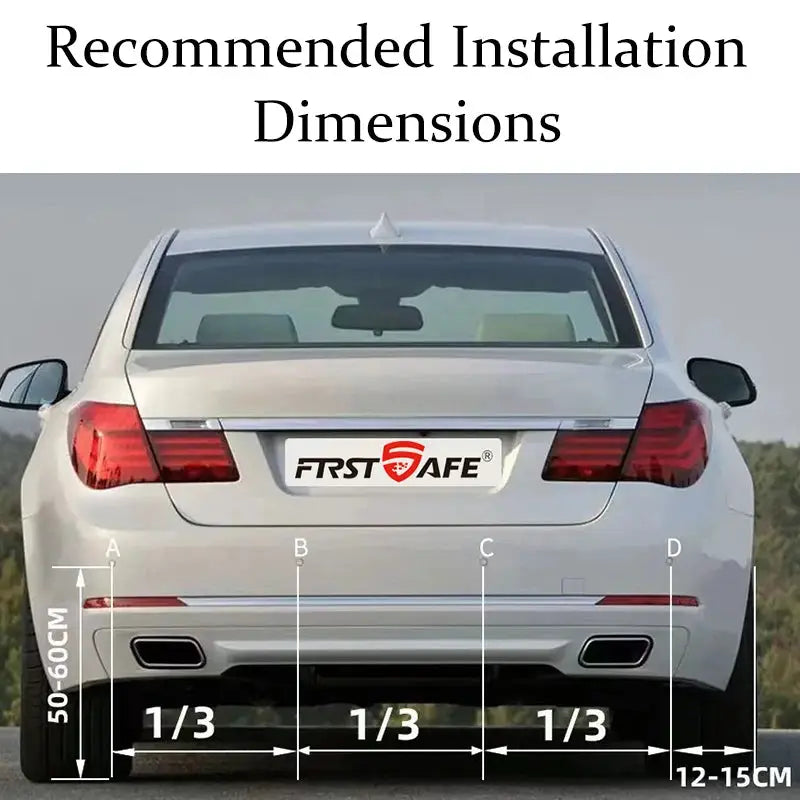 Parking sensor kit, 4-sensor, 12V flat-probe, shown on a white car with FirstSafe logo plate