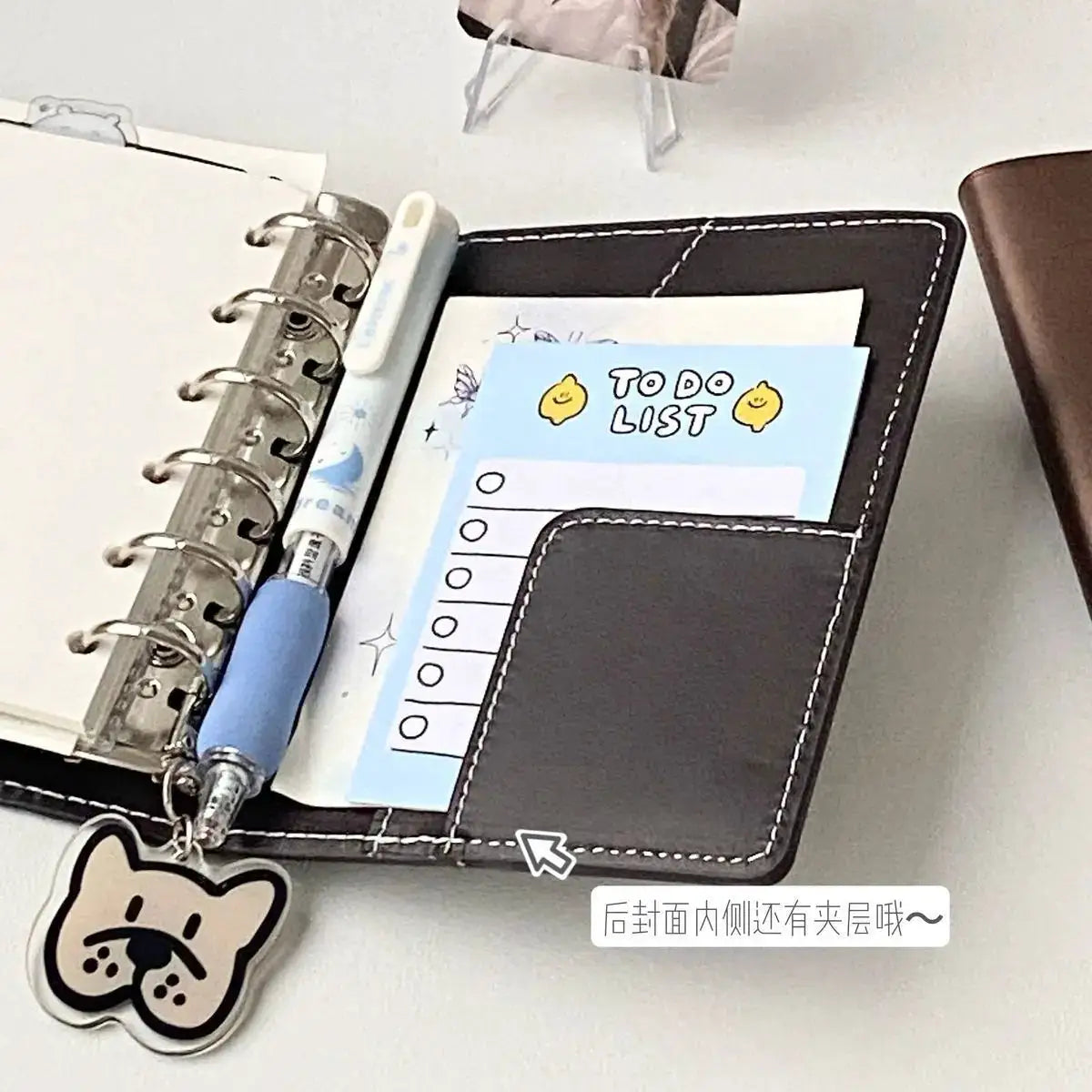 Dark brown faux leather A7 planner with ring binder, detachable loose-leaf, 80 pages