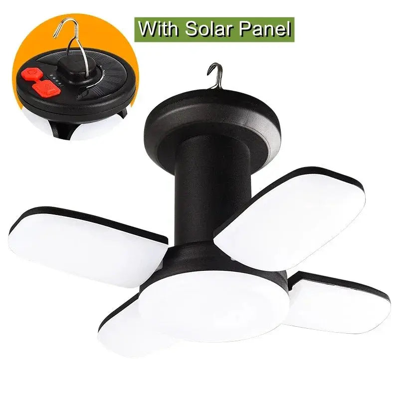 Simples Market outdoor LED leaf camping lamp with solar panel, hanging tent light with four white blades