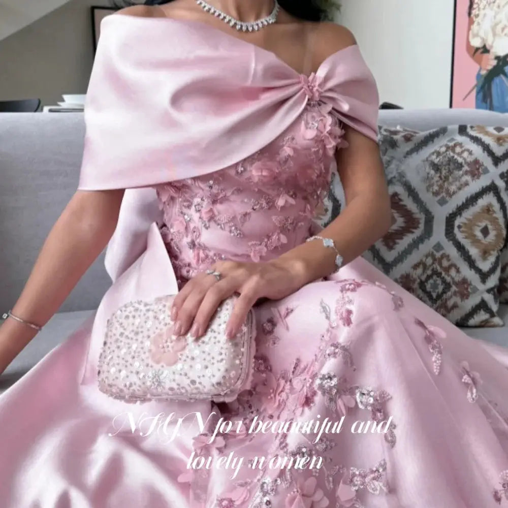 Pink Elegant Prom Dress Off Shoulder Satin Mermaid Dress Pleats