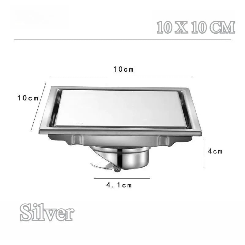 Large flow drainer square stainless steel floor drain, Simples Market, 10x10 cm, anti-odor