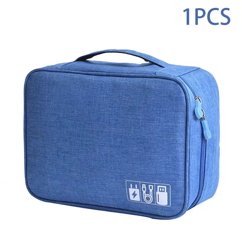 Travel cable storage bag blue waterproof fabric with zipper for USB cables and chargers