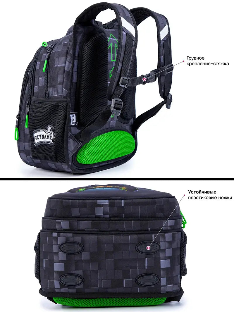 Kids' school backpack for boys with dark gray pixel pattern, black body and bright green accents.