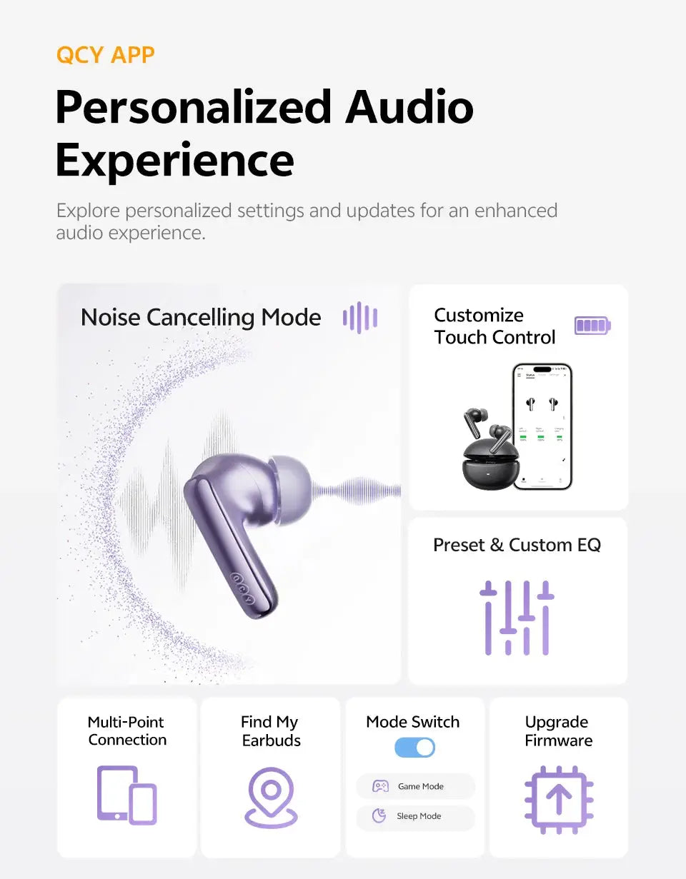 QCY MeloBuds N70 wireless earbuds, purple color with adaptive ANC