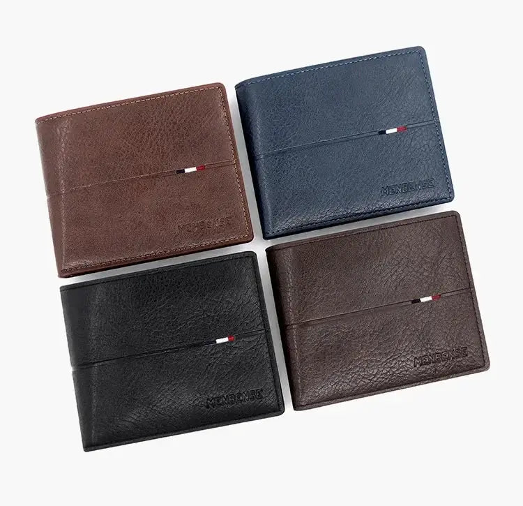 Men's PU leather short bifold card holder wallets set of four in brown blue black and dark brown