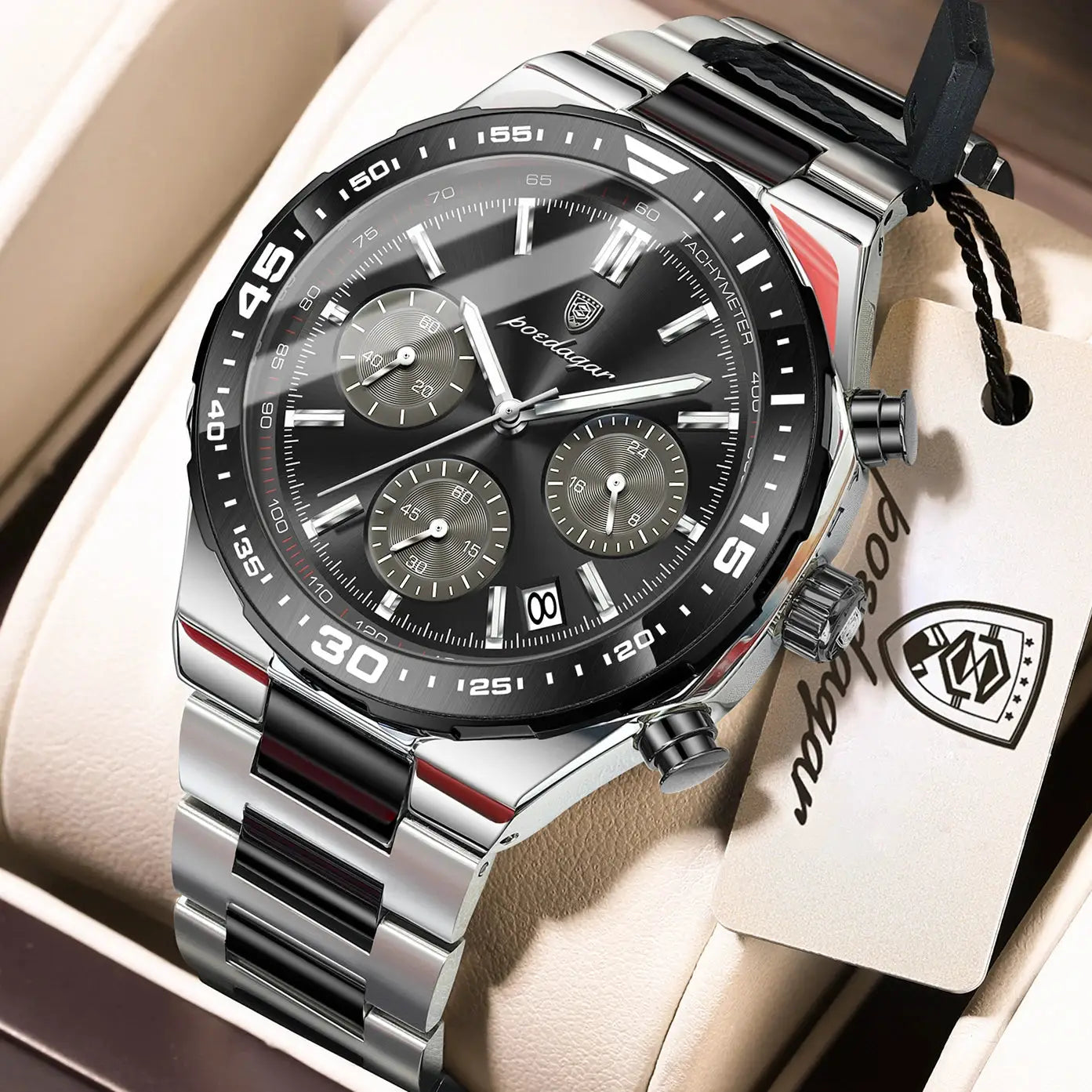 POEDAGAR men's quartz chronograph watch with stainless steel bracelet, black dial, tachymeter bezel, date window