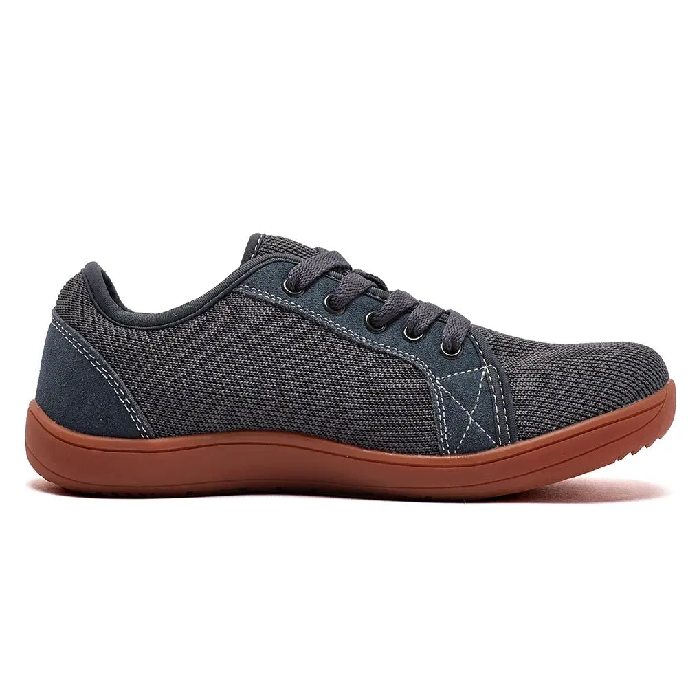 HOBIBEAR unisex wide-toe barefoot shoes, navy mesh upper with brown sole.