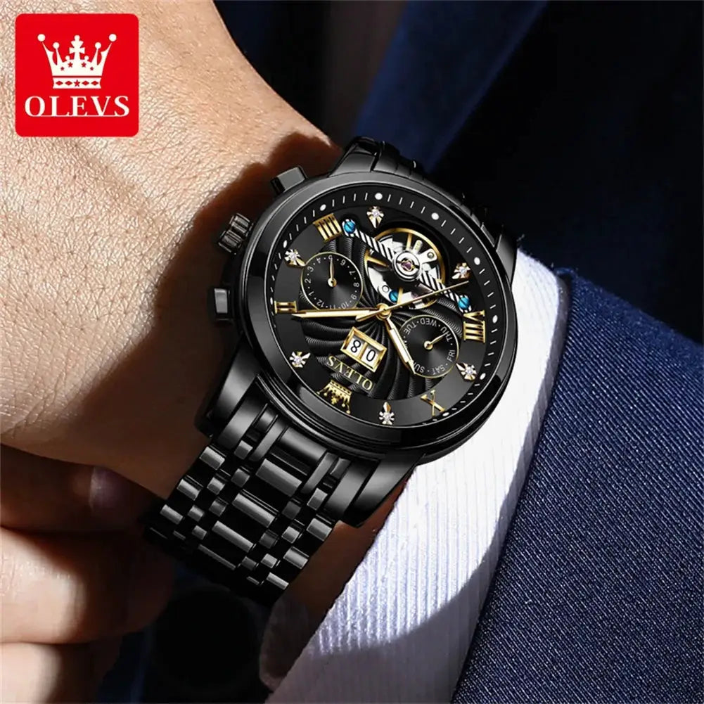 OLEVS men's black tourbillon automatic wristwatch with skeleton dial on a metal bracelet