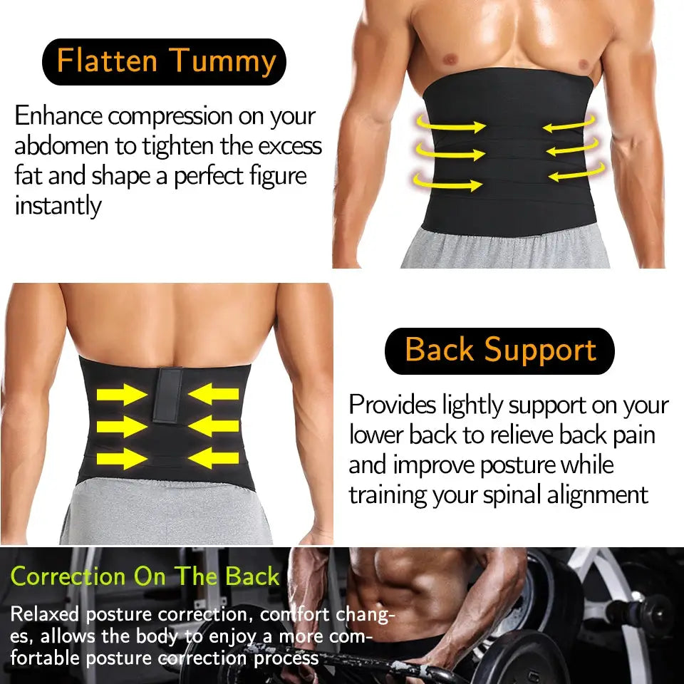 Waist trainer wrap for men, black neoprene body shaper by Simples Market for tummy control