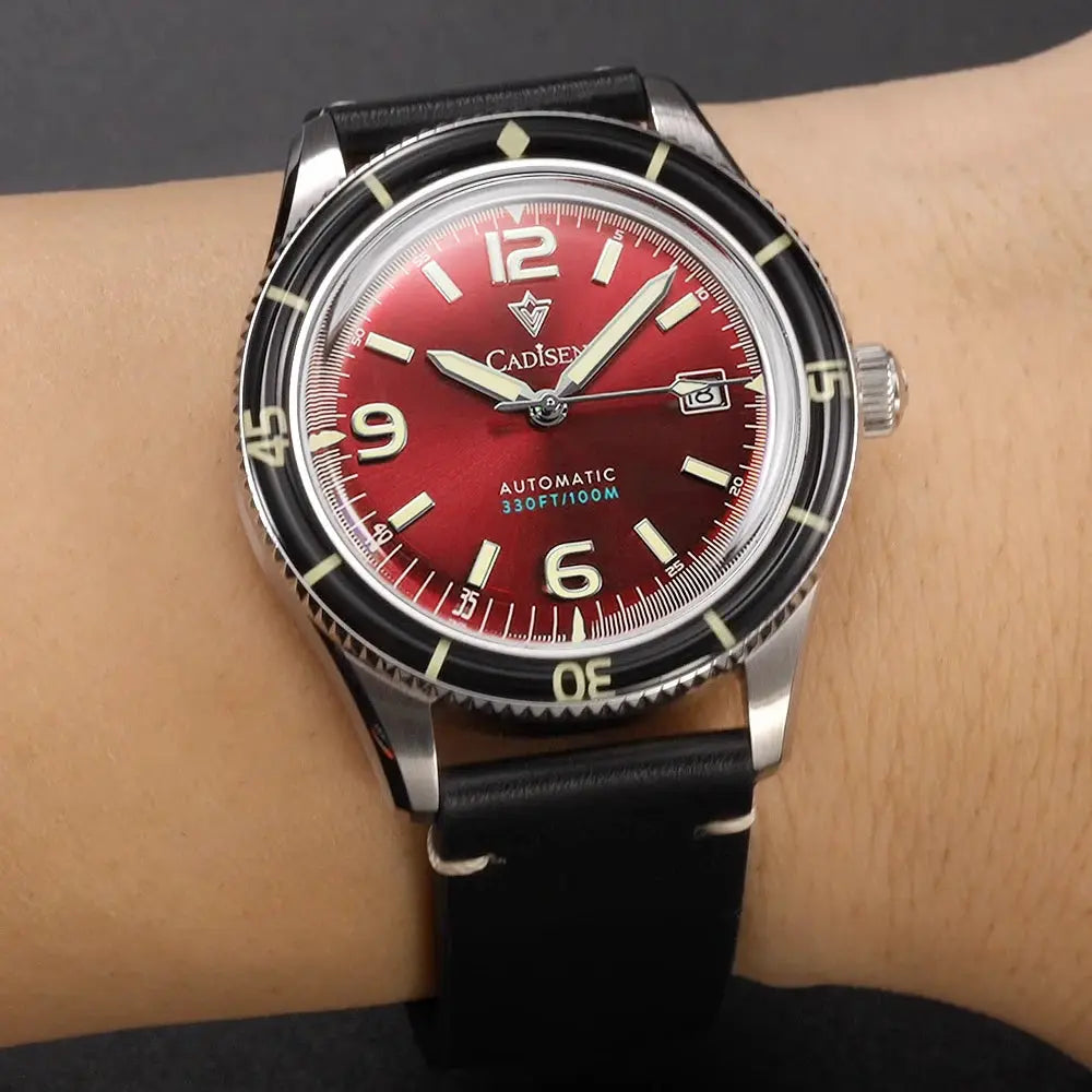Cadisen 2026 men's automatic watch with red dial, black leather strap, stainless steel case, luminous hands