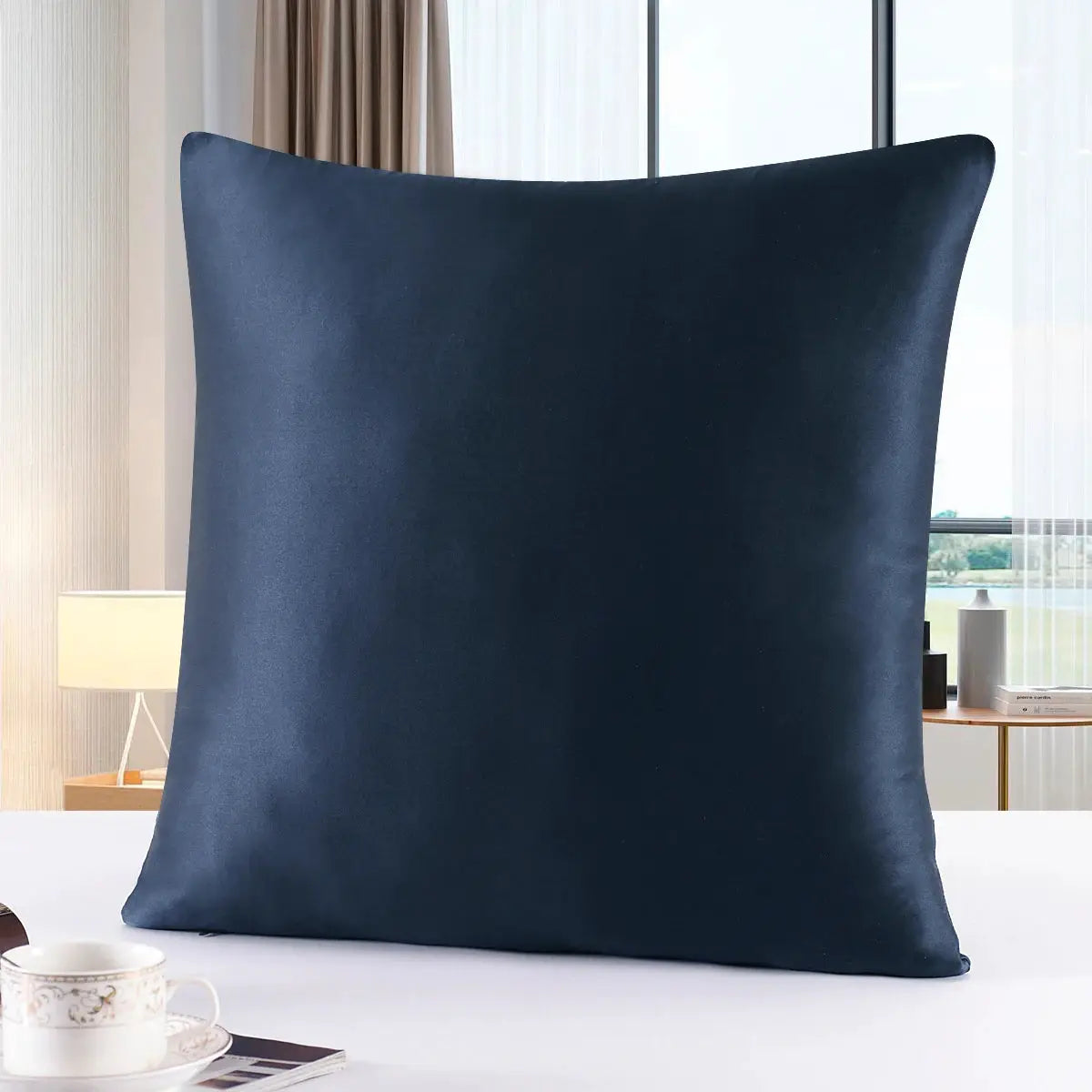 Simples Market silk pillowcase with zipper, navy blue cushion cover.