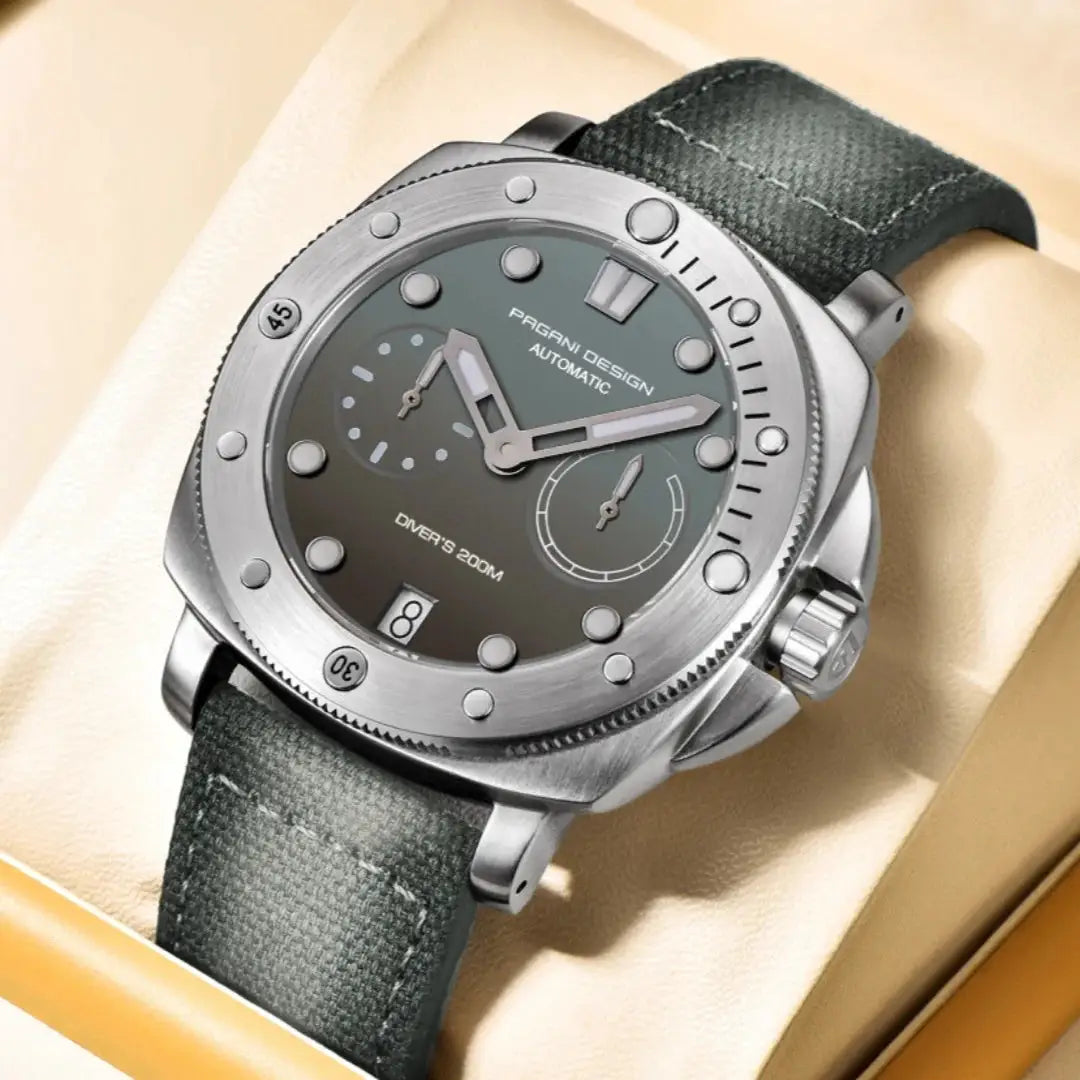 PAGANI DESIGN automatic diver watch with stainless steel case and green fabric strap, 200m water resistant