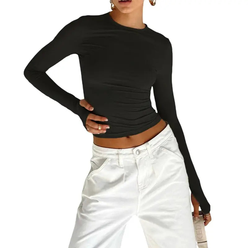 NovaTrend Women Crop Top Long Sleeve Crew Neck Slim Fit Tee Cotton Polyester Blend With Thumb Hole Design For Comfort