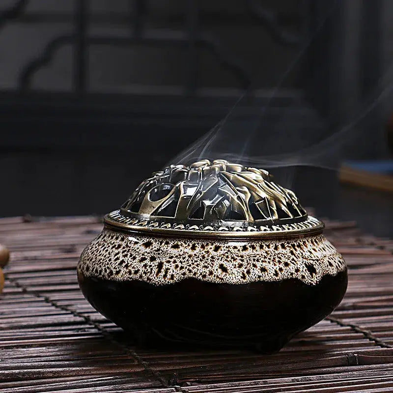 Ceramic Ice Crack Plate Incense Burner With Antique Copper Cover Aroma Diffuser Home Decor