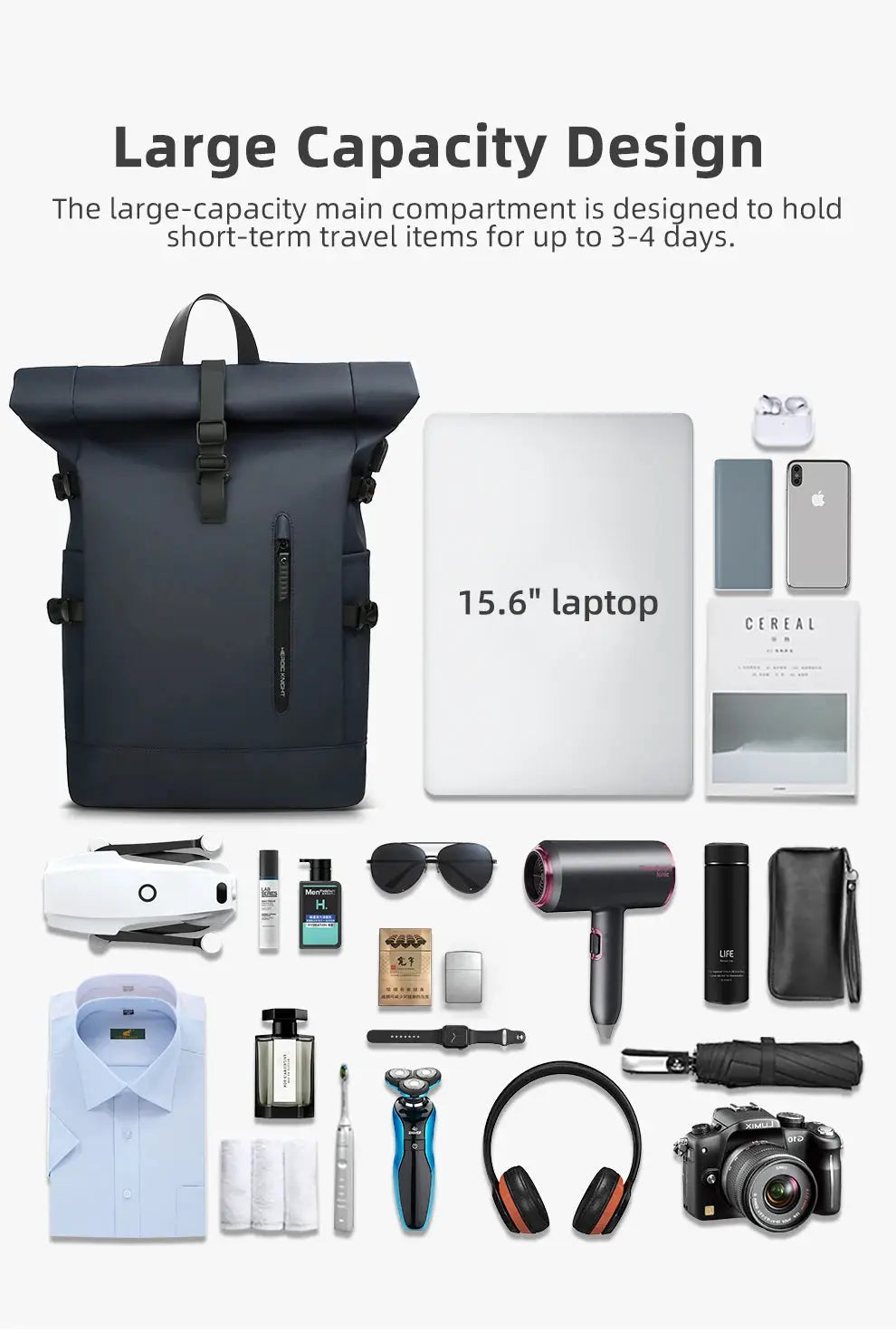 Simples Market HK large 15.6 inch laptop backpack, navy anti-theft travel bag with USB port.