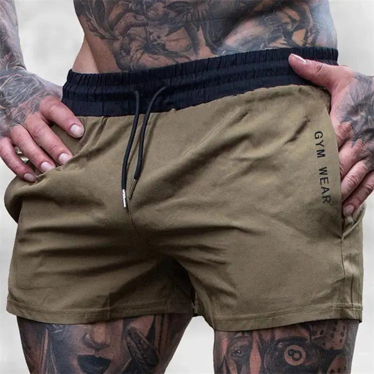 Men's khaki gym shorts with black drawstring waistband, lightweight quick-drying fabric