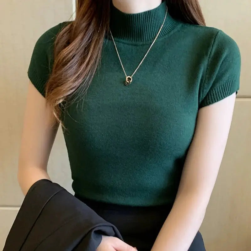Korean Chic Half High Neck T Shirt Women Jumper Slim Fit Knit Top Spring Summer Solid Color