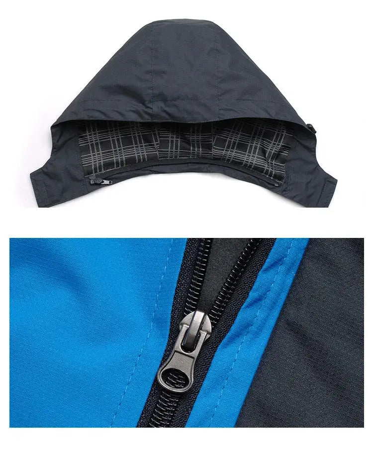 TRVLWEGO men's hooded waterproof hiking jacket with front zipper and blue/black panels