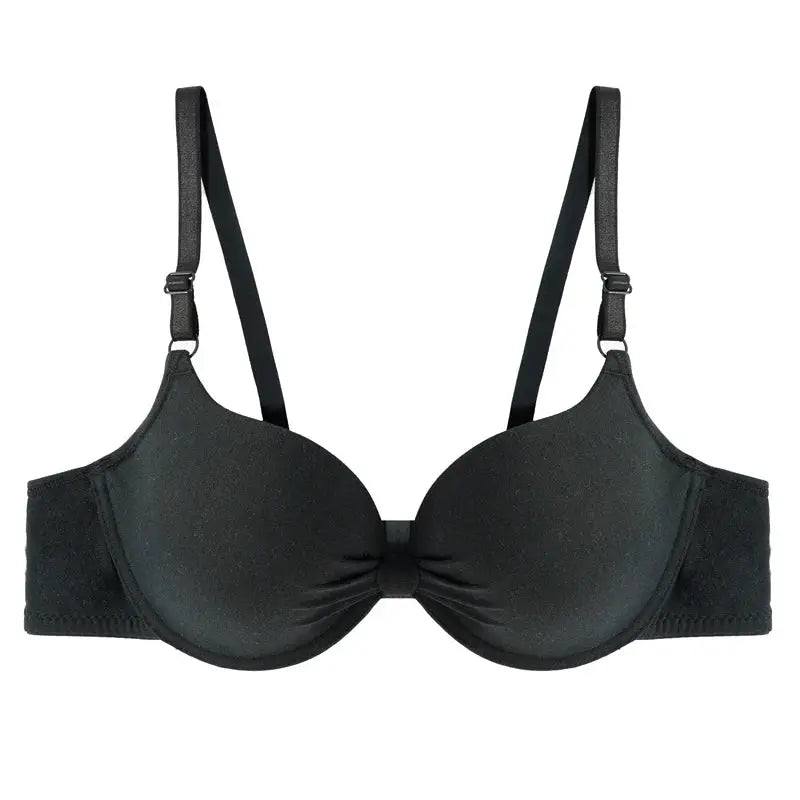 Women's black underwire push-up bra with padded cups, center bow, and adjustable straps