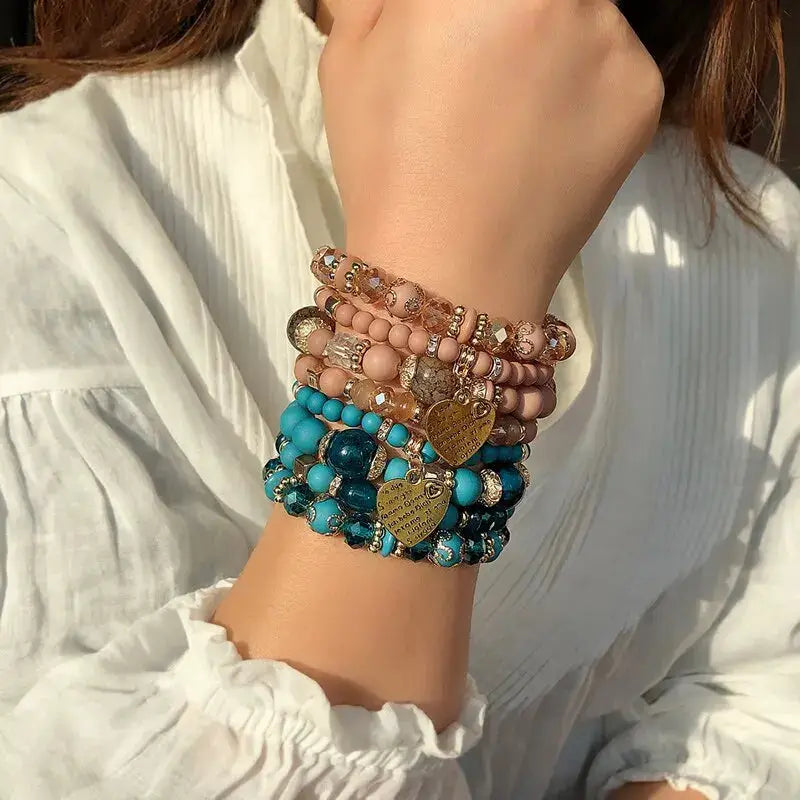 4 Piece Boho Strand Bracelet Set For Women With Crystal Beads Heart Charms And Letter Accents