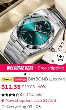BINBOND men's luxury quartz chronograph watch with stainless steel bracelet and teal dial