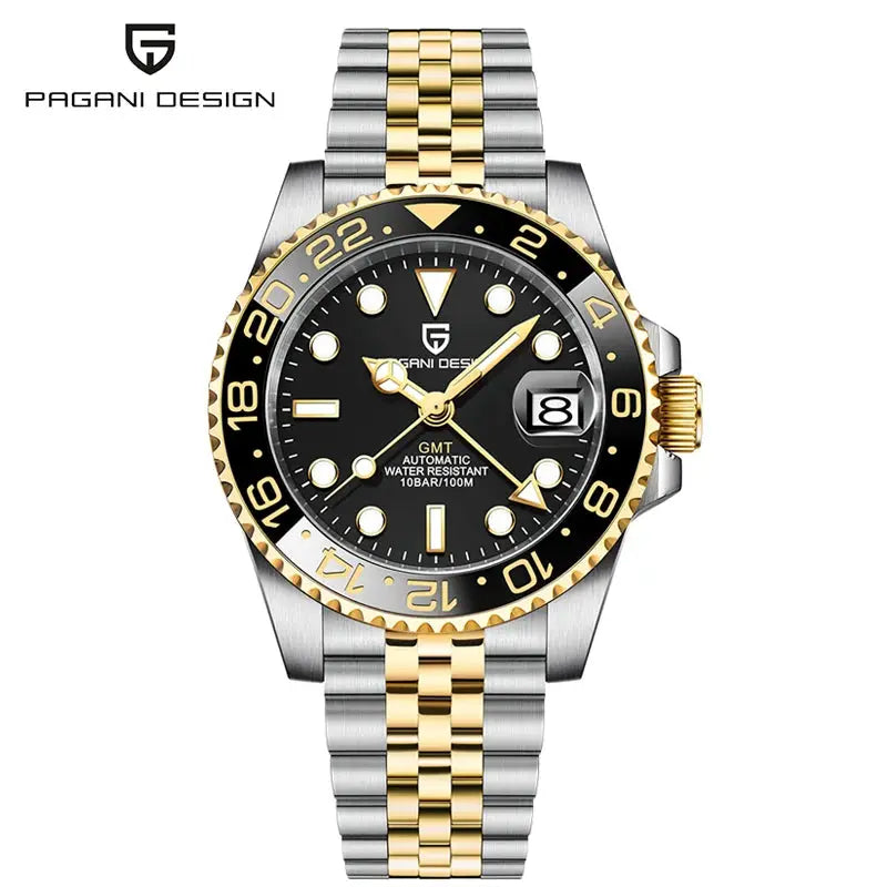 Pagani Design PD-1662 men's two-tone stainless steel automatic watch with black dial and gold bezel