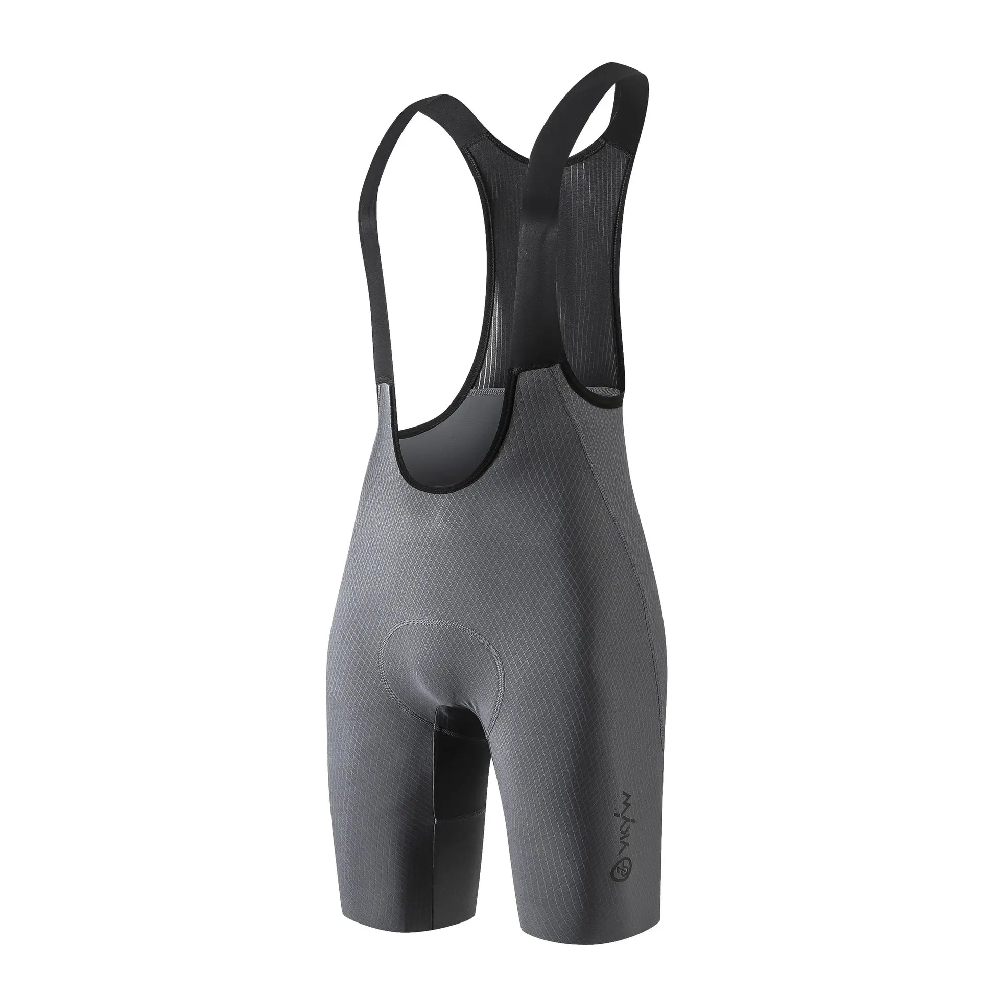 Cycling bib shorts, gray with black straps, seamless fabric and padded saddle area